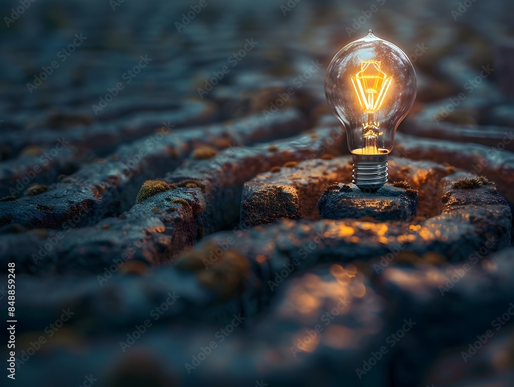 Poster glowing lightbulb floating above intricate labyrinth symbolizing idea illumination and creative thin