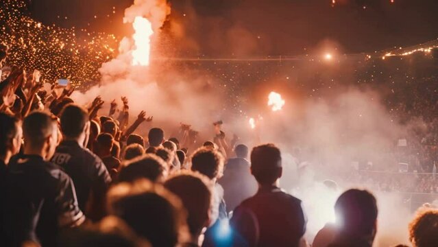 foreign football match up with fans lighting flares