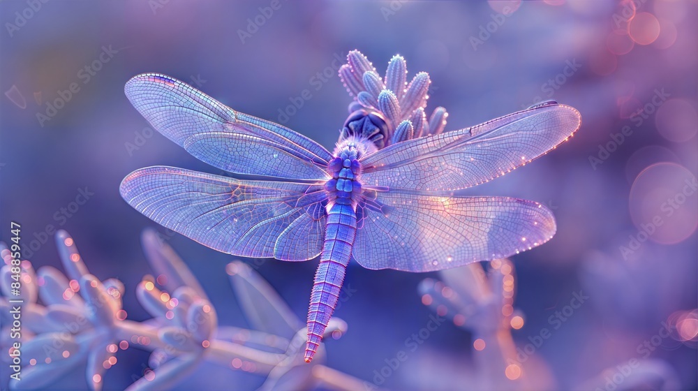 Poster a high-quality widescreen image of an iridescent dragonfly hovering in a natural setting, with dew-c