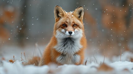 Fototapeta premium A fox sits in a gentle snowfall, surrounded by a tranquil winter landscape. The serene scene highlights the fox's beauty and the quiet of nature, making it ideal for seasonal promotions