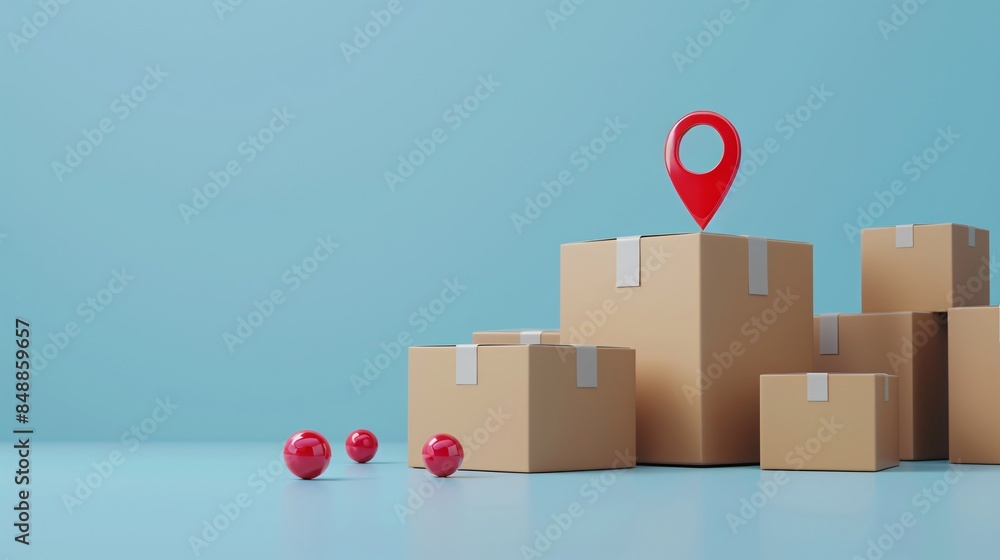Poster cardboard boxes with a red location pin symbolizing shipment tracking and delivery services on a blu