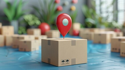 Cardboard boxes with a red location pin, representing delivery logistics and shipping services in a warehouse setting. 3D Illustration.
