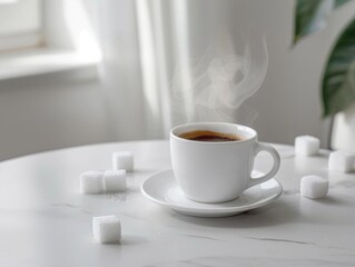 A steaming hot cup of coffee on a saucer