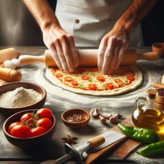 Hands rolling out pizza dough and adding tomatoes and cheese, highlighting the art of homemade pizza creation. Ideal for food-related content, cookbooks, or culinary tutorials.. AI Generation