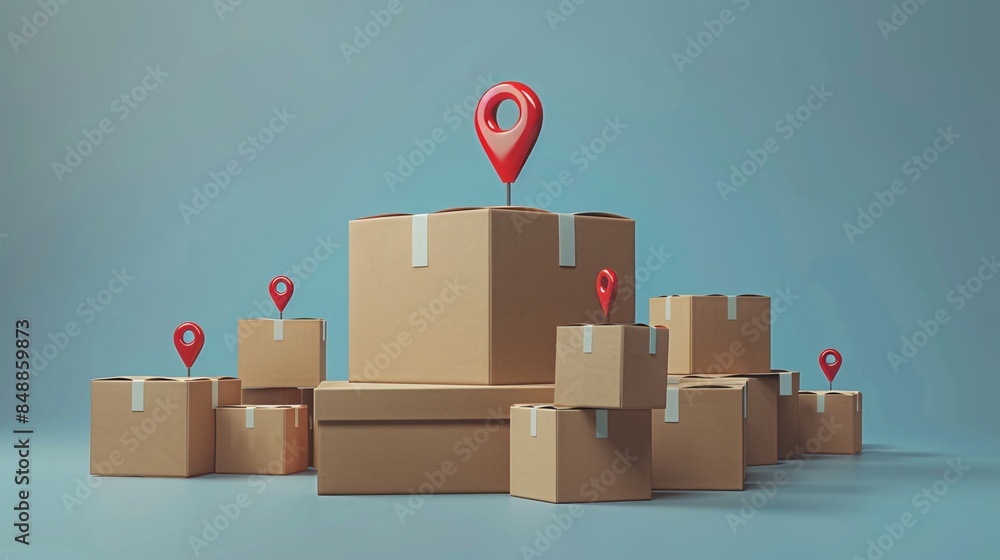 Poster cardboard boxes with shipping location markers symbolizing global logistics and efficient delivery s