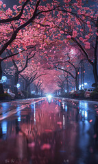 Obraz premium Thousands of trees are blooming in the easterly night, and the stars are raining down. thoroughbred horses carved cars are fragrant all over the road. generative ai