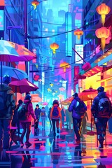 Obraz premium Futuristic Street Scene with Vibrant Neon Lights and Crowds Walking in the Rain