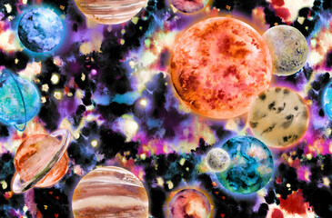 seamless pattern with Realistic solar system in watercolor against a bright starry sky background for textile and surface design