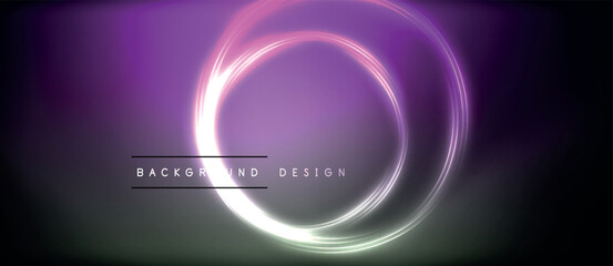 Neon glowing circle rays, light round lines in the dark, planet style neon wave lines. Energetic electric concept design for wallpaper, banner, background