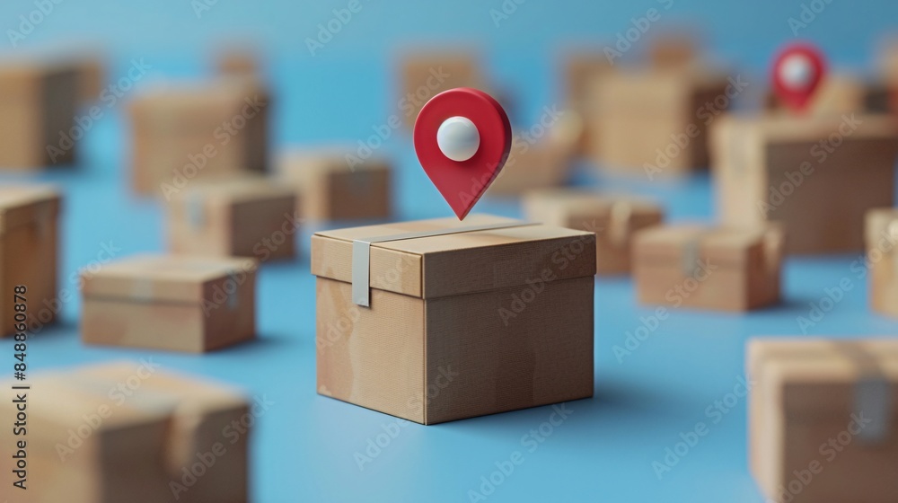 Poster exciting logistics concept with multiple cardboard boxes and location marker on one, symbolizing del