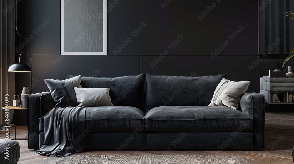 Wall mural Sofa in dark living room with free space for mockup,3D ing