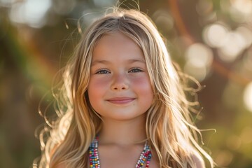 Fototapeta premium A young girl with long blonde hair is wearing a colorful necklace and smiling