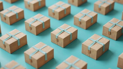 Fototapeta premium Multiple small brown cardboard boxes with blue ribbons arranged in grid pattern on turquoise background, symbolizing packaging and delivery. 3D Illustration.