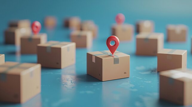 Multiple cardboard boxes with red location markers on a blue background, representing parcel tracking and delivery logistics. 3D Illustration.