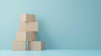 Obraz premium Pile of cardboard boxes against a blue wall, symbolizing shipping, moving, or storage. Minimalistic image with ample negative space. 3D Illustration.