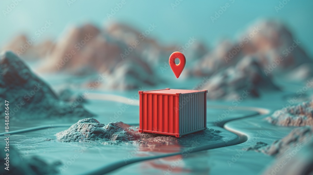 Poster red shipping container with a location pin on a surreal landscape, representing logistics and transp