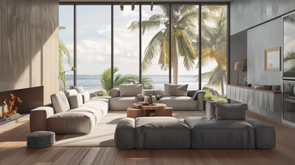 Fototapeta premium Stylish home relax room interior with sofa and armchairs, fireplace and eating table in two-storey apartment. Panoramic window on tropics. Mockup copy space empty wall. 3D ing