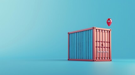 Red shipping container with GPS location pin against blue background, symbolizing global logistics and delivery services. 3D Illustration.