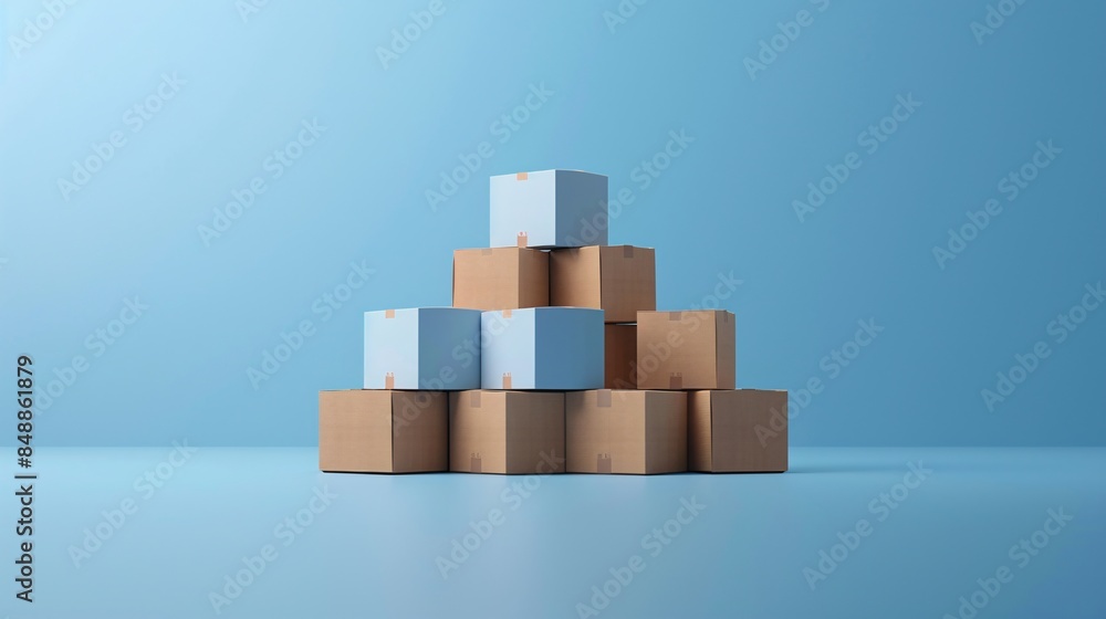 Poster stack of cardboard and white paper boxes arranged in a pyramid shape on a light blue background, rep