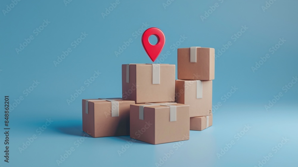 Poster stack of cardboard boxes with a red location pin on top against a blue background. concept of delive