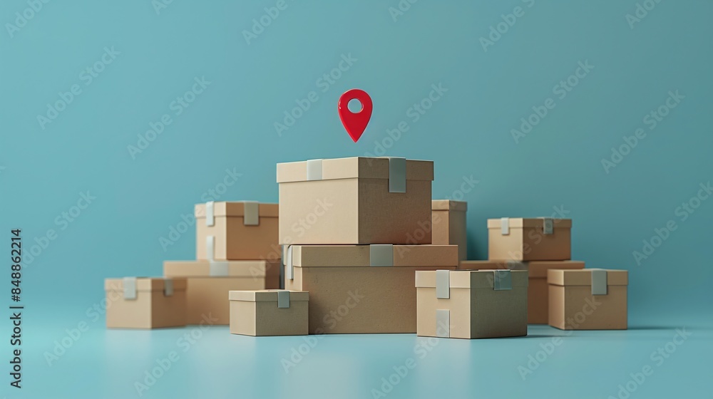 Aufkleber stack of cardboard boxes with a red location pin on top against a blue background symbolizing delive