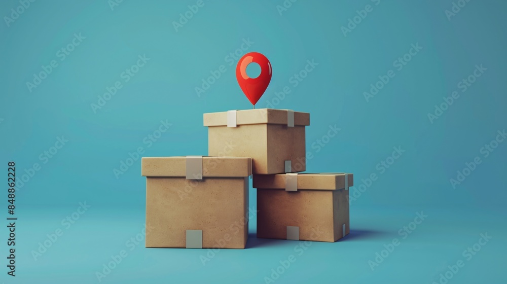 Poster stack of cardboard boxes with a red location pin on top, symbolizing delivery and shipping service o