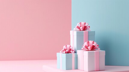 Stack of pastel-colored gift boxes with pink and blue wrapping paper and ribbons on a split pink and blue background. Perfect for any celebration. 3D Illustration.