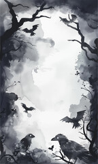 Monochrome halloween background with bats and crows. Watercolor halloween frame, template.
