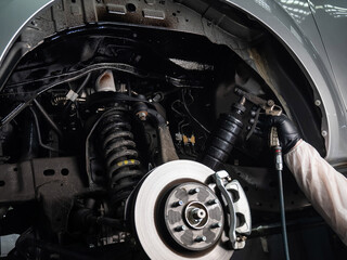 Fototapeta premium An auto mechanic applies anti-corrosion mastic to the underbody of a car.