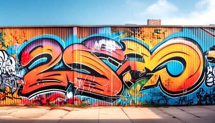 A bold graffiti art piece on an urban wall, featuring a mix of bright colors and sharp contrasts. 4