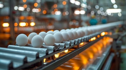 chicken egg production line. chicken produced raw eggs on a conveyor belt at a poultry farm