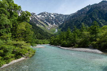 上高地・河童橋の上から見る風景