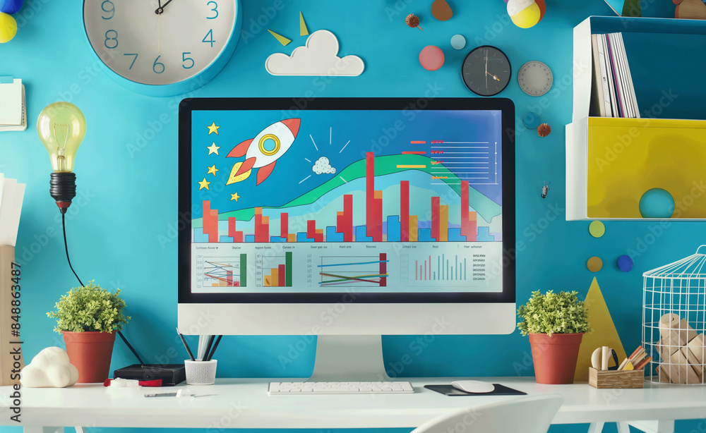 Poster creative workspace with computer displaying rocket launch graphics and colorful office supplies