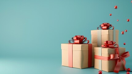Three beautifully wrapped gift boxes with red ribbons and bows on a light blue background, perfect for celebrations and holidays. 3D Illustration.