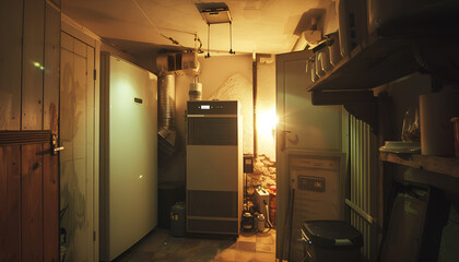 heat pump, home boiler room, installation, furnace, dirty boiler room