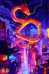 Neon Dragon Winding Through Futuristic Cityscape