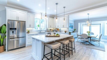 Bright kitchen with white shaker cabinets, quartz countertops, and a large island, featuring stainless steel appliances and pendant lighting