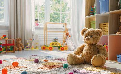 Cozy and Colorful Children's Playroom with Toys, Teddy Bear, and Cheerful Decor