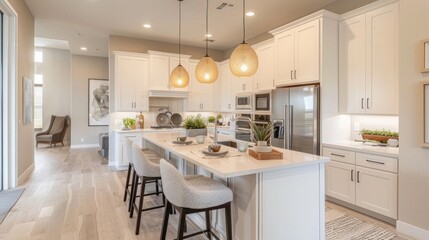 Bright kitchen with white shaker cabinets, quartz countertops, and a large island, featuring stainless steel appliances and pendant lighting