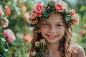 Naklejka premium A young girl wearing a pink flower headband and holding a bouquet of pink roses