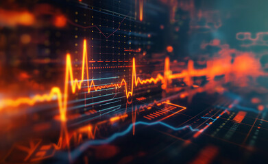 Fototapeta premium Bright orange ECG heartbeat line in a futuristic medical setting.