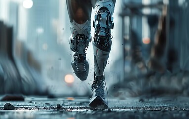 Close-up of a person running with high-tech robotic leg prosthetics in a futuristic cityscape.
