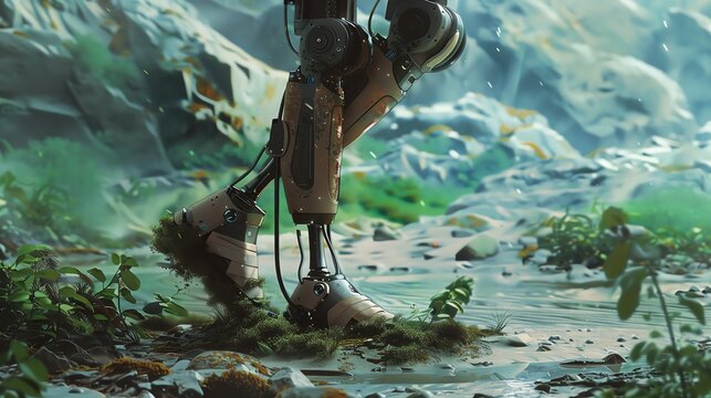 Futuristic robotic legs walking through a lush, misty forest, blending technology with nature in a serene, otherworldly landscape.