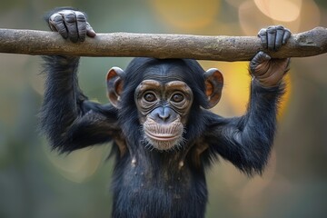Obraz premium Baby Chimpanzee: A curious baby chimpanzee, hanging from a tree branch by one arm, with a mischievous expression.
