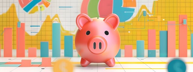 Piggy Bank Surrounded by Vibrant Financial Charts and Graphs Representing Savings and Investment