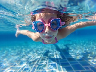 Naklejka premium A young girl is swimming in a pool wearing goggles