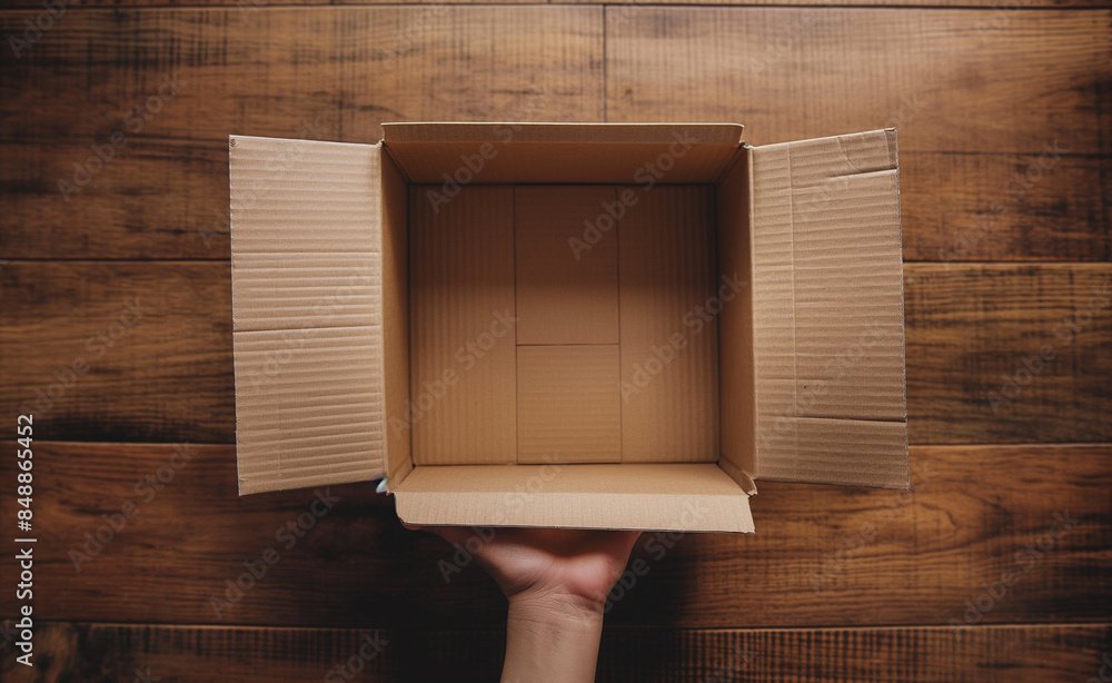 Poster hands holding an open empty cardboard box on a wooden surface.