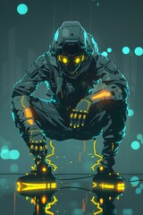 Robotic Character with Glowing Visor and Luminous Metallic Limbs in Dramatic Digital