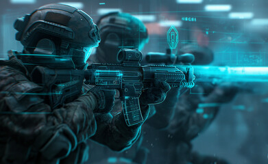 Soldiers in tactical gear aiming rifles with digital interface overlays.