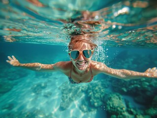 Fototapeta premium A woman is swimming in the ocean with her arms outstretched